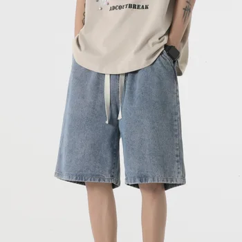 Yeni erkek Kısa Denim Kot Yaz Moda Casual Dış Giyim Açık Mavi İpli Elastik Bel Kore Düz Sokak Pantolon