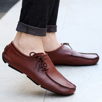 Yeni Erkek Moccasins erkek ayakkabısı Lace up İlkbahar Yaz erkek mokasen ayakkabıları En kaliteli Hakiki Deri Erkek rahat ayakkabılar Büyük Boy 38-47