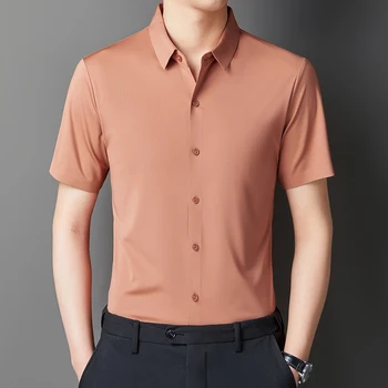 Yeni erkek Traceless Giysileri 2023 Yaz İpeksi Pürüzsüz Kırışıklık Karşıtı Elbise Gömlek Erkek Düz İş Resmi Gömlek Kısa Kollu