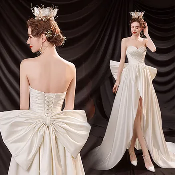 Yeni Gelenler Kapalı Omuz Sevgiliye Boyun Lace Up Geri Etek Yarık Plise Saten düğün elbisesi Ayrılabilir Büyük Yay İle