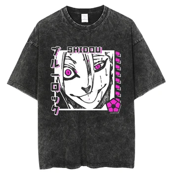 Yeni Mavi Kilit 2023 Vintage Anime Baskılı Gevşek Rahat T-shirt Yıkanmış T Shirt Büyük Boy Streetwear Retro Kısa Kollu