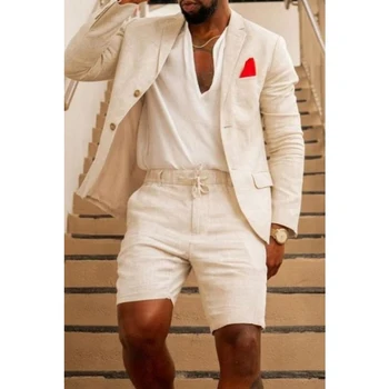 Yeni Moda Bej Keten 2 Parça Erkek Takım Elbise Rahat Düğün Damat Smokin Yaz Plaj Nefes Takım Elbise Şort Blazer + Pantolon