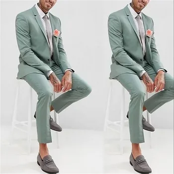 Yeni Moda Düğün Parti Balo Erkek Takım Elbise Slim Fit Kostüm Yeşil Çentik Yaka Smokin Masculino 2 Parça Rahat Resmi Blazer