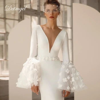 Yeni Muhteşem Beyaz / Fildişi V Boyun Mermaid düğün elbisesi Backless 3D Çiçek Saten Fırça Tren Çiçek Baskı gelin elbiseleri
