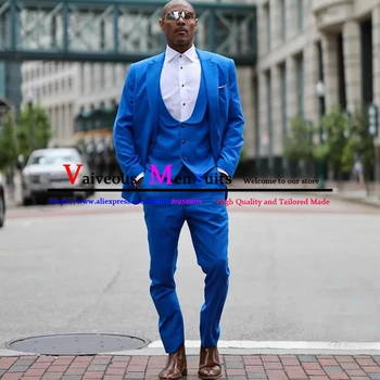 Yeni Stil Groomsmen Takım Elbise 3 Adet Yaka Damat Smokin Mavi slim fit uzun kollu erkek gömlek Takım Elbise Düğün İş Erkek Blazer (Ceket + Pantolon + Yelek)