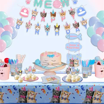 Yeni stil kitty parti Malzemeleri Kitty/kedi kağıt Tabak Peçete Fincan Mutlu Doğum Günü Partisi süslemeleri için
