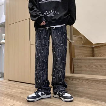 Yeni Streetwear erkek Baggy Düz Kot Baskılı Hip-Hop Ins Yüksek Sokak Geniş Bacak Pantolon Elastik Bel Moda Trendi Denim
