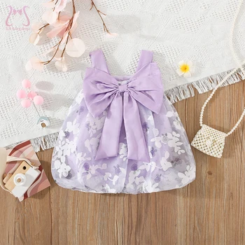 Yeni Tatlı Çiçek Bebek Kız Puf Elbise Yay Düğüm Sling Serin Yaz Yürüyor Çocuk Kabarcık Kostüm 0 İla 3 Yaşında Çocuk Giysileri