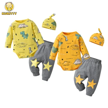 Yenidoğan Bebek Erkek Bebek Dinozor Baskı Giysileri Kıyafetler Set pamuklu uzun kollu tişört Romper ve Rahat Pantolon Şapka 3 Adet bebek kıyafetleri