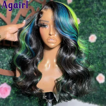 Yeşil Mavi Vurgulamak İnsan Saçı Peruk Brezilyalı Vücut Dalga 13X4 Dantel Ön Peruk işlenmemiş insan saçı 180 % HD sırma ön peruk