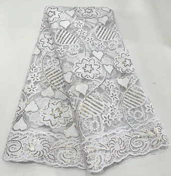 Yüksek kaliteli dantel Kumaş Düğün İçin Nijeryalı Fransız Tül Dantel Kumaşlar 2023 Beyaz 4.5 m Akşam Elbise İçin 3mm Glitter Payetler