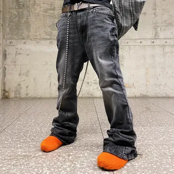 Yıkanmış Sıkıntılı Siyah Gri Hasarlı İnce Mikro alevlendi Jean Erkekler için Sokak Giyim Bıyık Etkisi Geniş Bacak Denim Kot