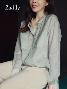 Zadily 2023 Yaz Kore Tarzı Uzun Kollu kadın keten Beyaz Gömlek Ofis Bayan Gevşek Düğme Bayanlar Bluz Günlük Giyim Tops