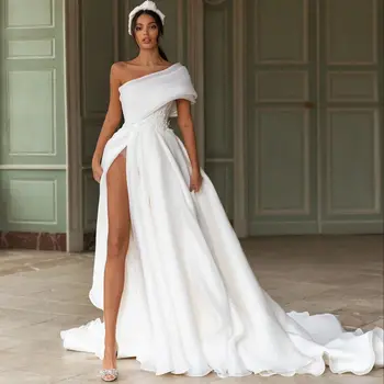 Zarif A-line düğün elbisesi Bir Omuz Aplike Seksi Yüksek Yan Yarık Yay gelin kıyafeti Katmanlı Ruffles Şifon Vestidos De Novia