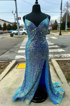 Zarif Payetli V Yaka Abiye Uzun Mermaid Balo Elbise Sweep Tren Kokteyl Parti Törenlerinde Kadınlar için