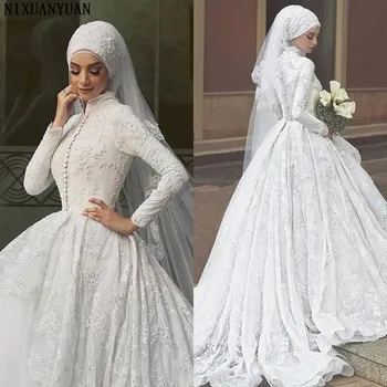 Zarif Uzun Kollu Gelinlikler Aplikler Kat Uzunluk Müslüman düğün elbisesi Vestido De Noiva Custom Made