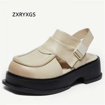 ZXRYXGS 2023 Yüksek Kaliteli İnek Derisi Yuvarlak Ayak Yaz Kadın Sandalet Platformu Kalın Topuklu Rahat Zarif Sandalet Roma Sandalet