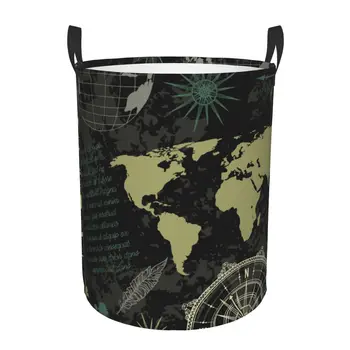 Çamaşır sepeti Vintage Pusula Dünya Haritası Ve Rüzgar Gülü Kumaş Katlama Kirli Giysiler Oyuncaklar Depolama Kovası Ev Depolama Sepeti