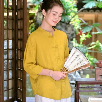 Çin Kıyafetleri Kadınlar için Retro Pamuk Keten Cheongsam Qipao Bluz Gömlek Zen Çayı Kung Fu Tai Chi Casual Tops Tang Ceketler Ceket