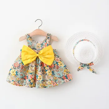 Çiçek Etek Yay İle Yepyeni Diz boyu Elbise Çocuk Moda Basit Doğum Günü Hediyeleri Kızlar İçin Sevimli Tam Baskı Etek + güneş şapkası