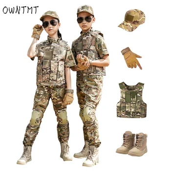 Çocuk Camo Eğitim Kıyafetleri Kısa Takım Elbise Çocuk Erkek Kız Açık CS Alan Kamp Askeri Savaş Üniforma Taktik Gömlek Pantolon