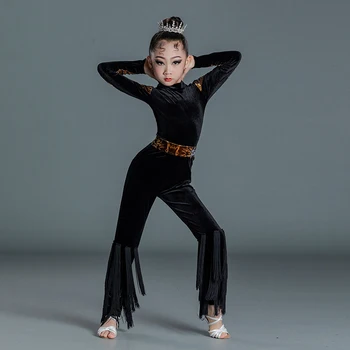Çocuk Profesyonel Latin Dans Uygulama Elbise Kadife Uzun Kollu Pantolon Takım Elbise Latin Dans Performansı Kostümleri DN10029