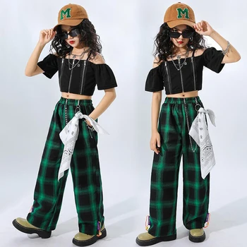 Çocuklar Genç Kpop Hip Hop Giyim Kırpma Üst Kapalı omuz T Shirt Casual Streetwear Kargo Pantolon Kız Caz dans kostümü Giysi