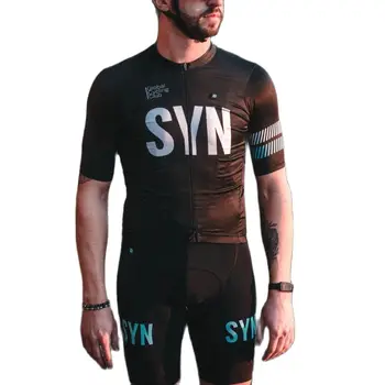 Çok renkli erkek SYN spor elbise bisiklet kısa kollu spor gömlek önlük şort Jel Ped lazer kesim dikey desen likra kollu