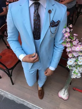 Özel Yapılmış Groomsmen Mavi Damat Smokin Tepe Yaka Erkek Takım Elbise Düğün En Iyi Adam Damat Takım Elbise Erkekler Için( Ceket + Pantolon + Yelek)