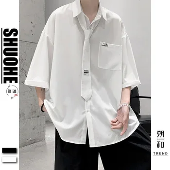 Üniforma Buz İpek 3/4 Kollu İnce Elbise Yüksek Anlamda Aşınma Boyun Gömlek erkek Üstleri Gömlek Erkekler için Giyim Camisas y Blusa