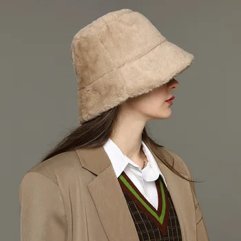 Şapka kadın Sonbahar ve Kış Taklit Tavşan Saç Balıkçı Şapka Sıcak Düz Renk kulak koruyucu Peluş Havza Şapka